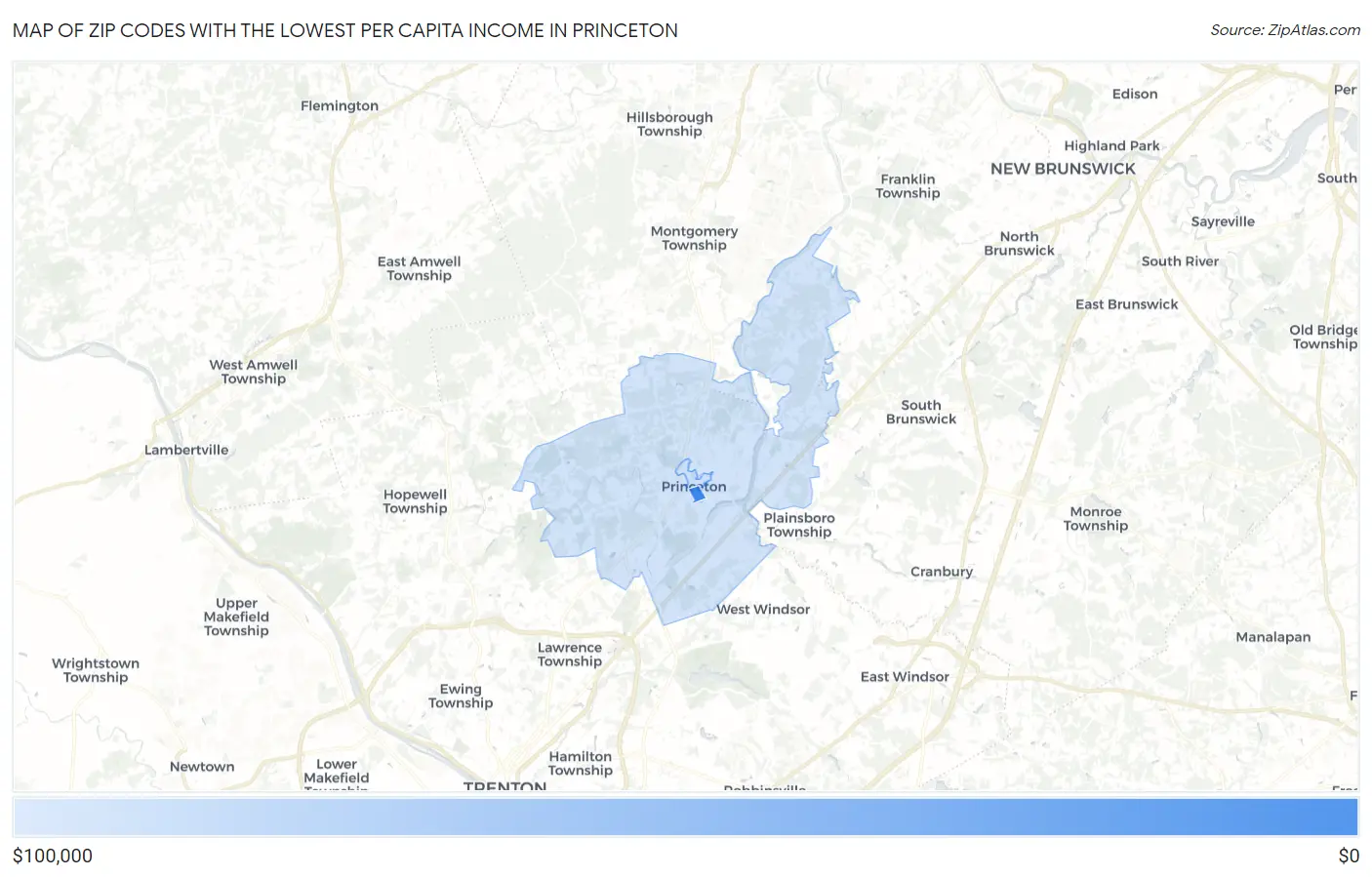 Zip Codes with the Lowest Per Capita Income in Princeton Map