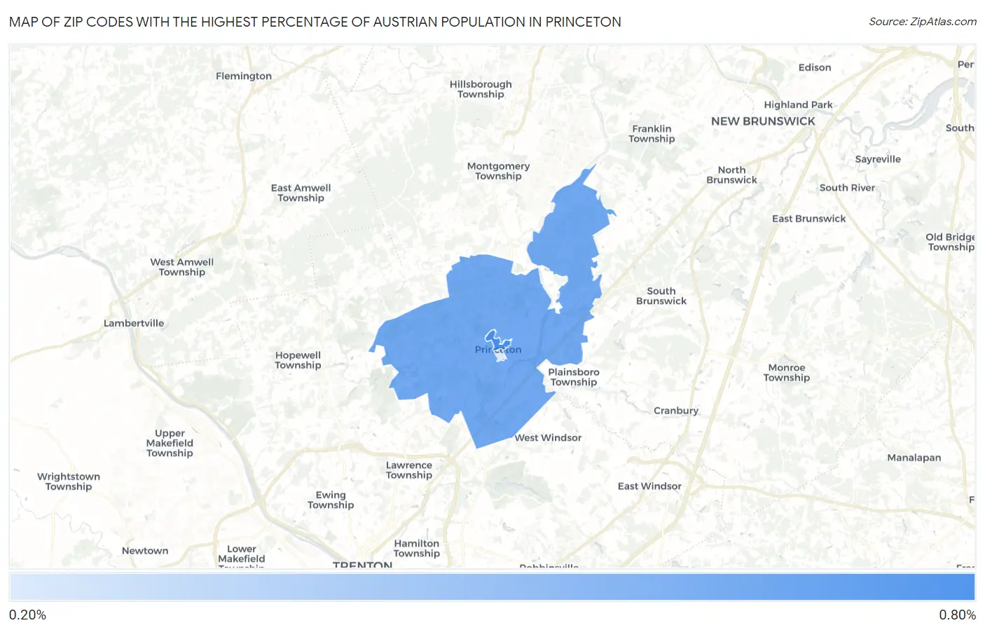 Zip Codes with the Highest Percentage of Austrian Population in Princeton Map