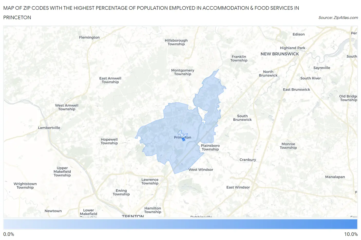 Zip Codes with the Highest Percentage of Population Employed in Accommodation & Food Services in Princeton Map