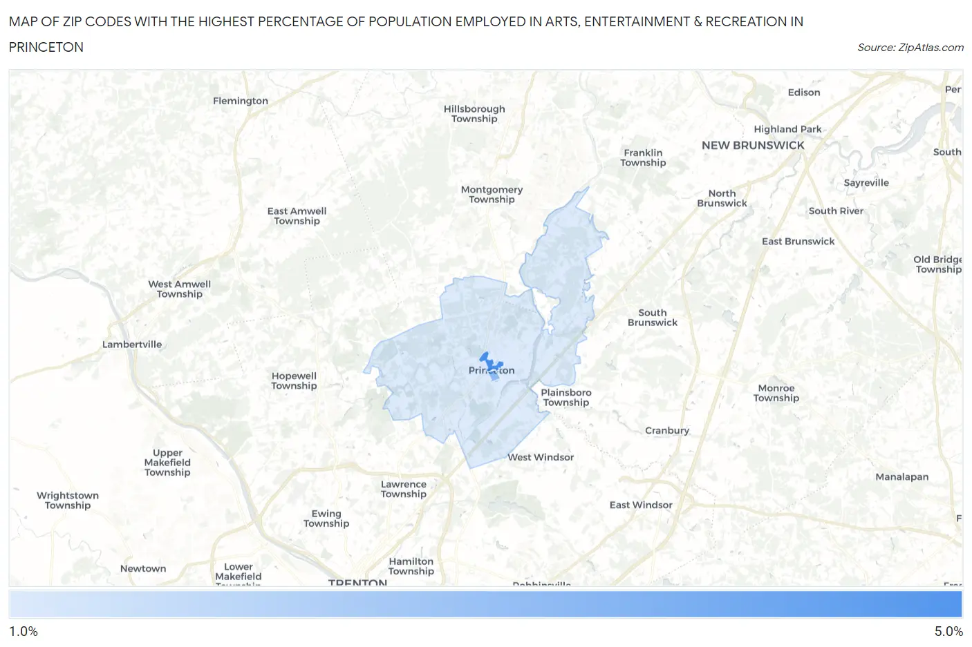 Zip Codes with the Highest Percentage of Population Employed in Arts, Entertainment & Recreation in Princeton Map