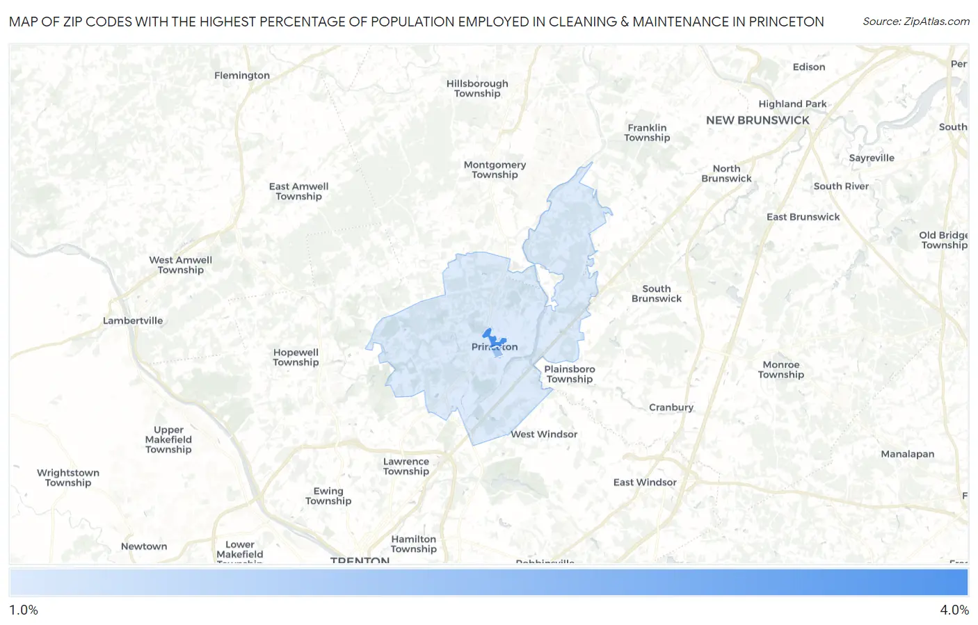 Zip Codes with the Highest Percentage of Population Employed in Cleaning & Maintenance in Princeton Map
