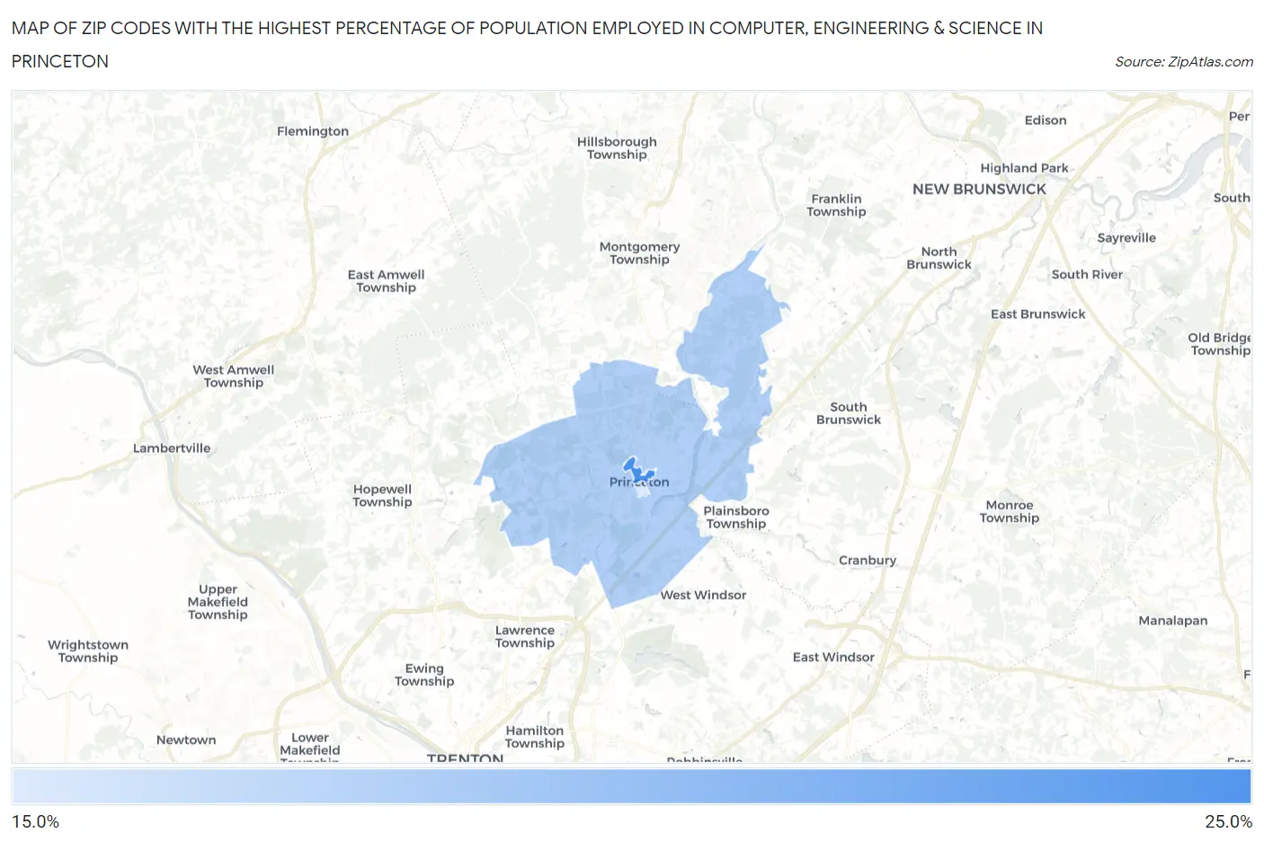 Zip Codes with the Highest Percentage of Population Employed in Computer, Engineering & Science in Princeton Map