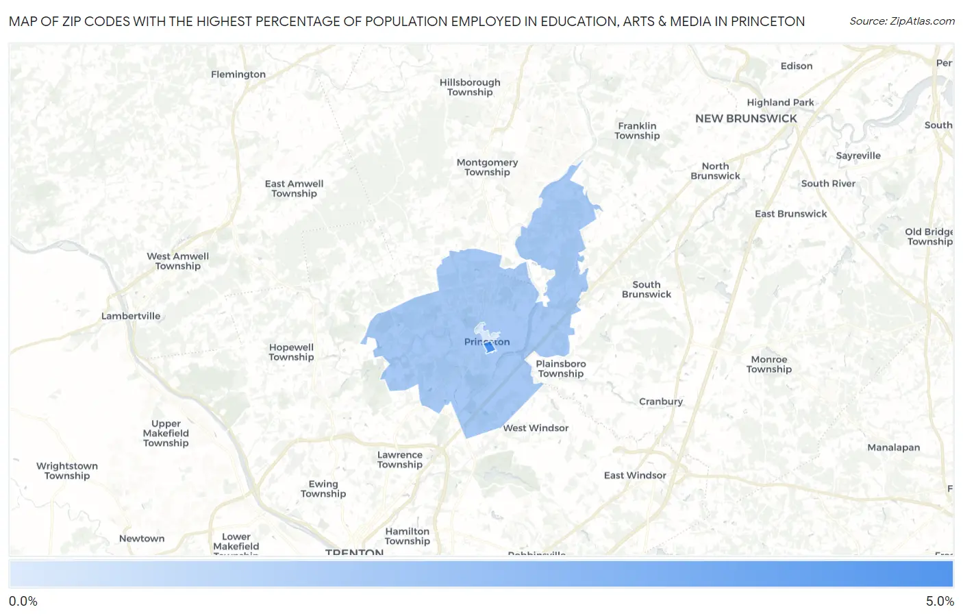 Zip Codes with the Highest Percentage of Population Employed in Education, Arts & Media in Princeton Map