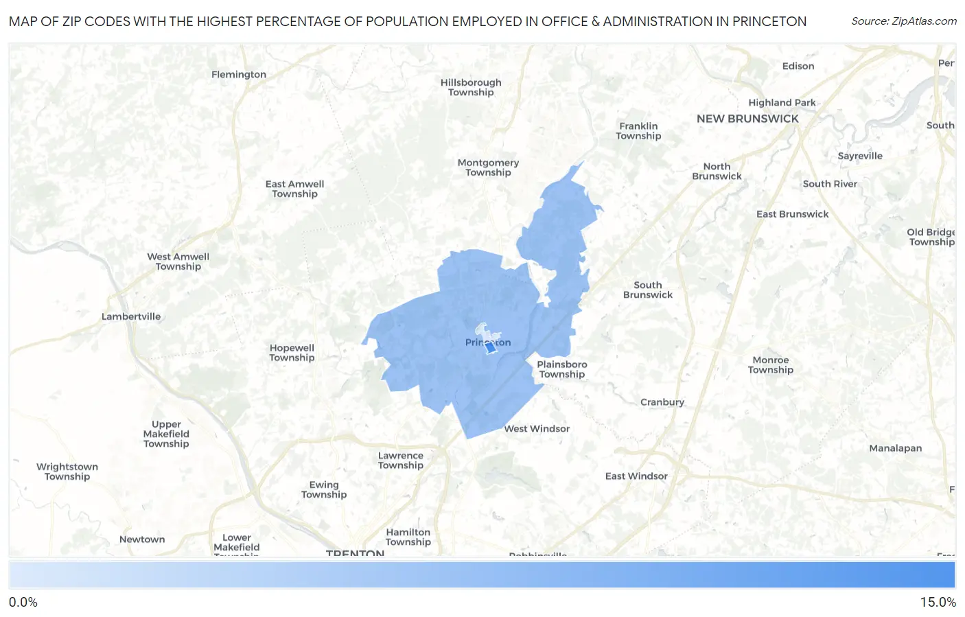 Zip Codes with the Highest Percentage of Population Employed in Office & Administration in Princeton Map