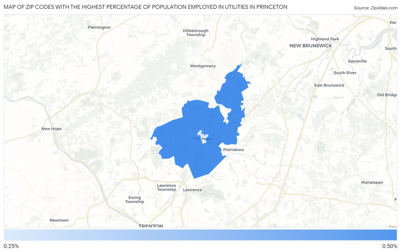 Zip Codes with the Highest Percentage of Population Employed in Utilities in Princeton Map