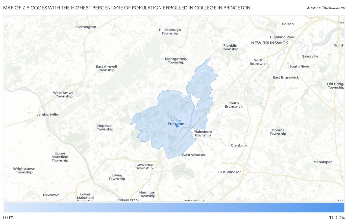 Zip Codes with the Highest Percentage of Population Enrolled in College in Princeton Map