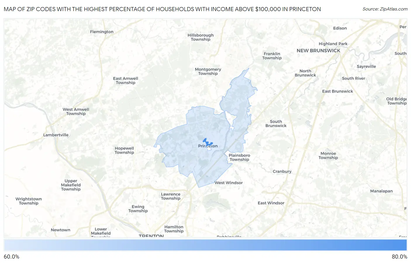 Zip Codes with the Highest Percentage of Households with Income Above $100,000 in Princeton Map
