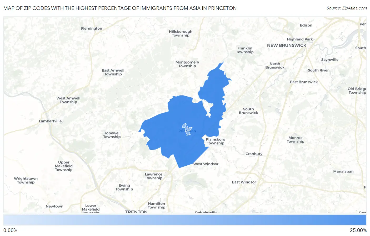 Zip Codes with the Highest Percentage of Immigrants from Asia in Princeton Map