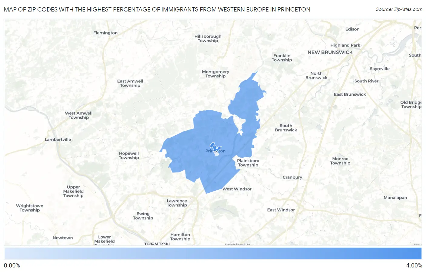 Zip Codes with the Highest Percentage of Immigrants from Western Europe in Princeton Map