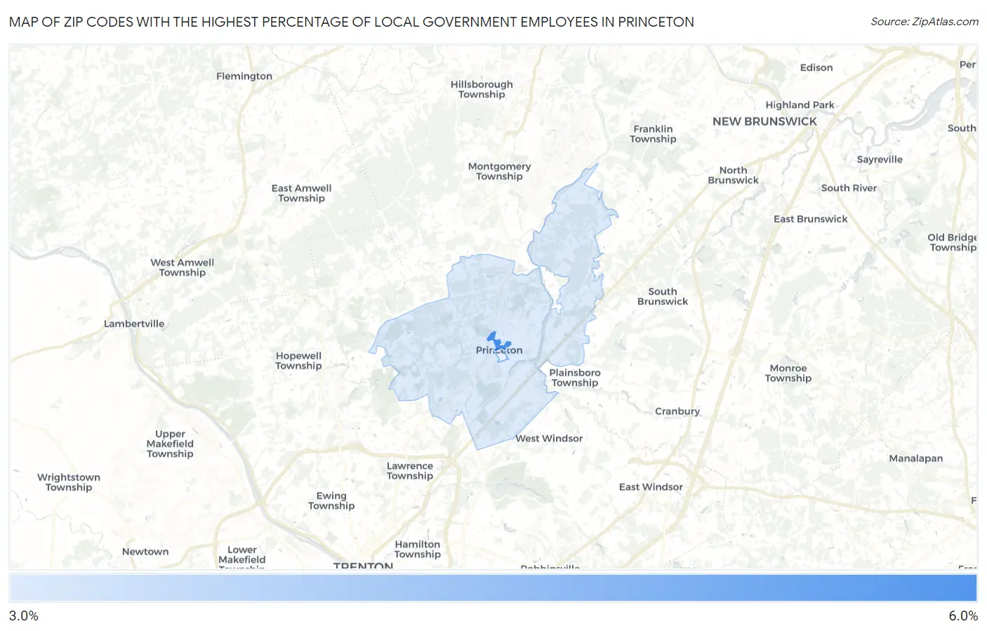 Zip Codes with the Highest Percentage of Local Government Employees in Princeton Map
