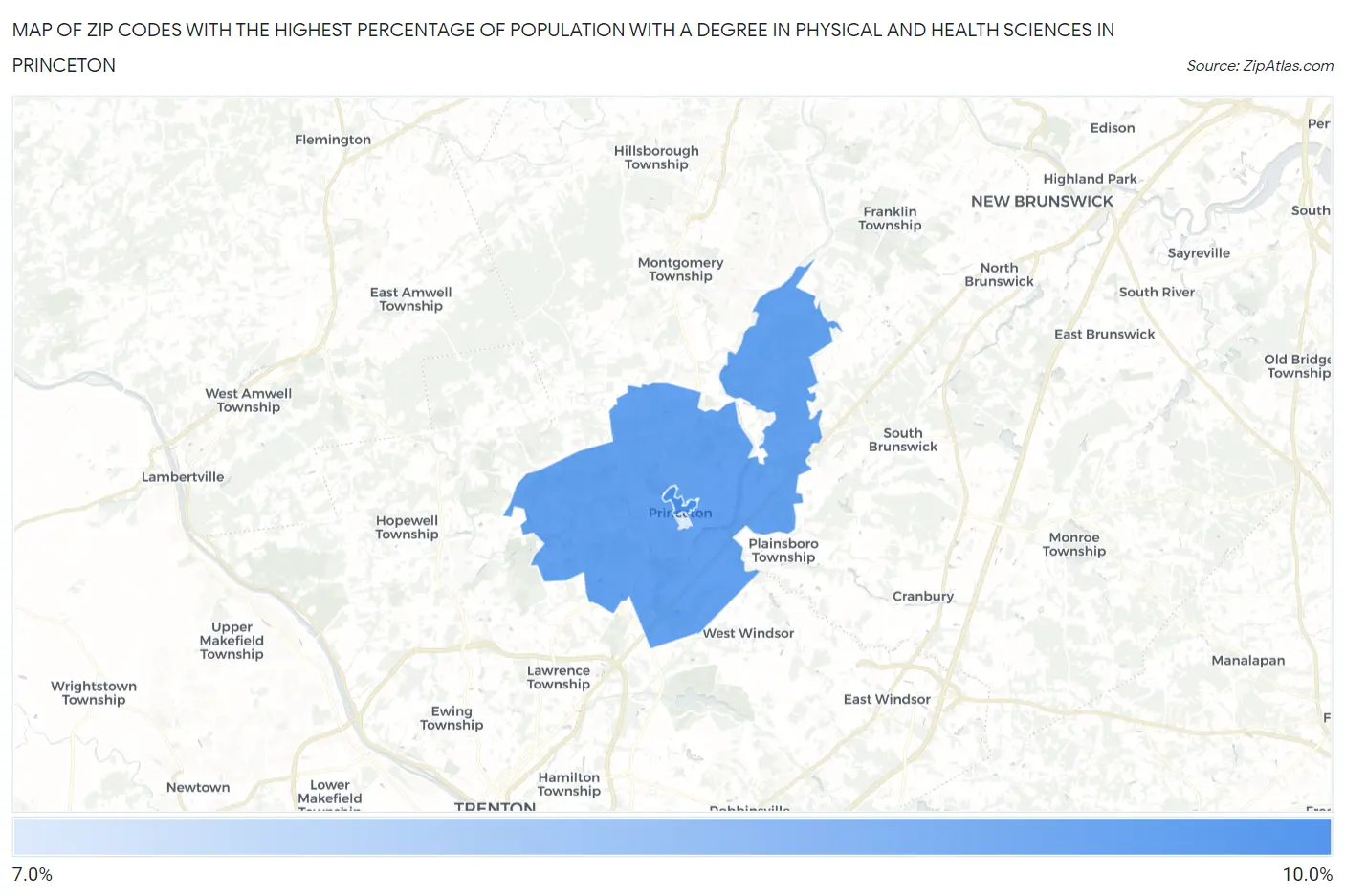 Zip Codes with the Highest Percentage of Population with a Degree in Physical and Health Sciences in Princeton Map