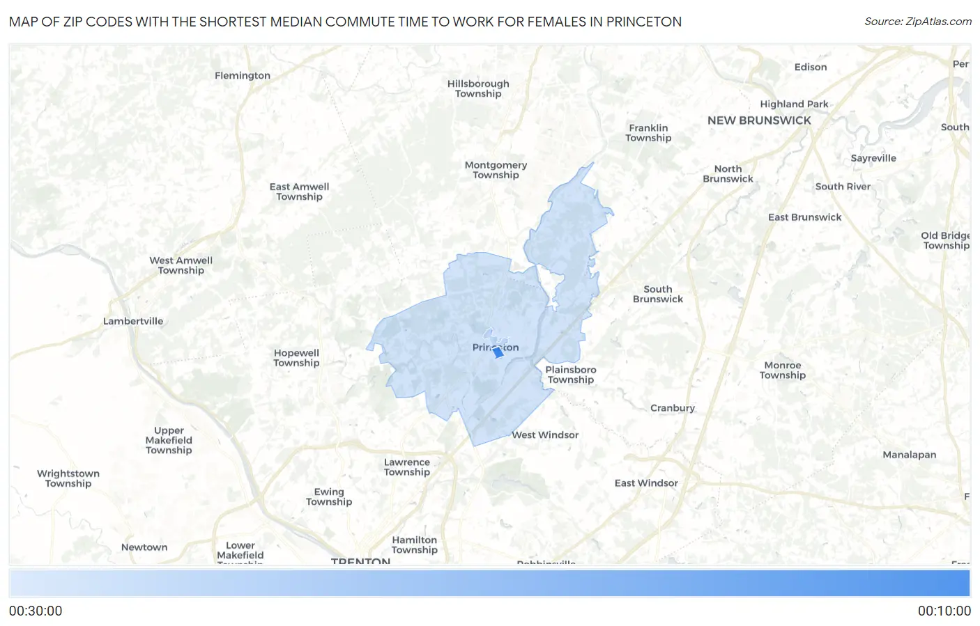 Zip Codes with the Shortest Median Commute Time to Work for Females in Princeton Map