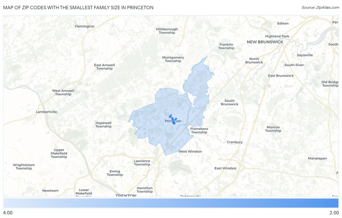 Zip Codes with the Smallest Family Size in Princeton Map