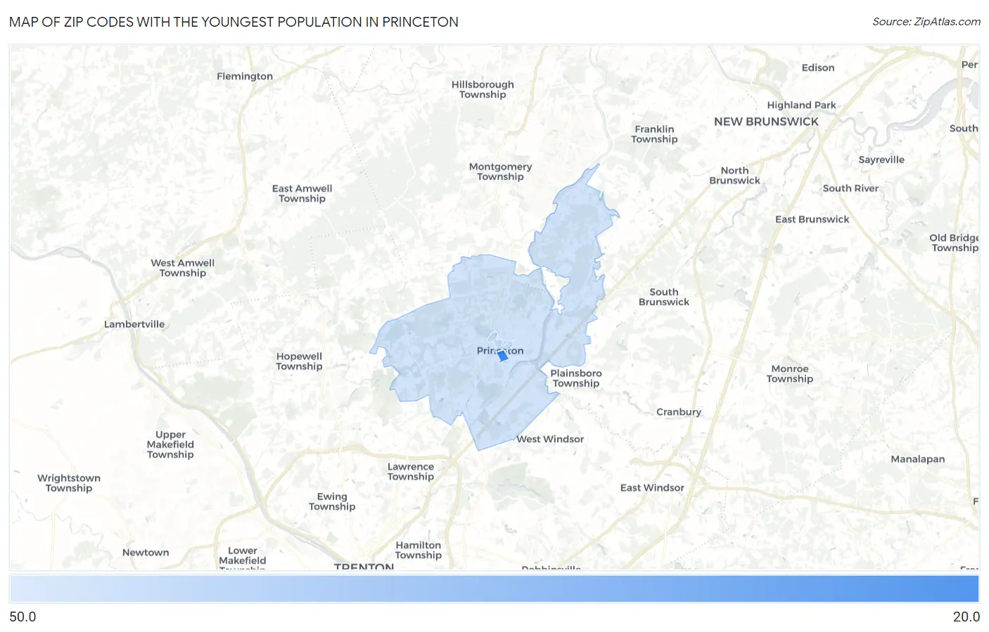 Zip Codes with the Youngest Population in Princeton Map