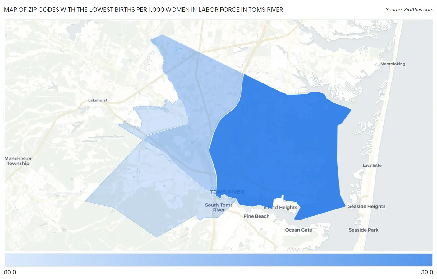 Zip Codes with the Lowest Births per 1,000 Women in Labor Force in Toms River Map
