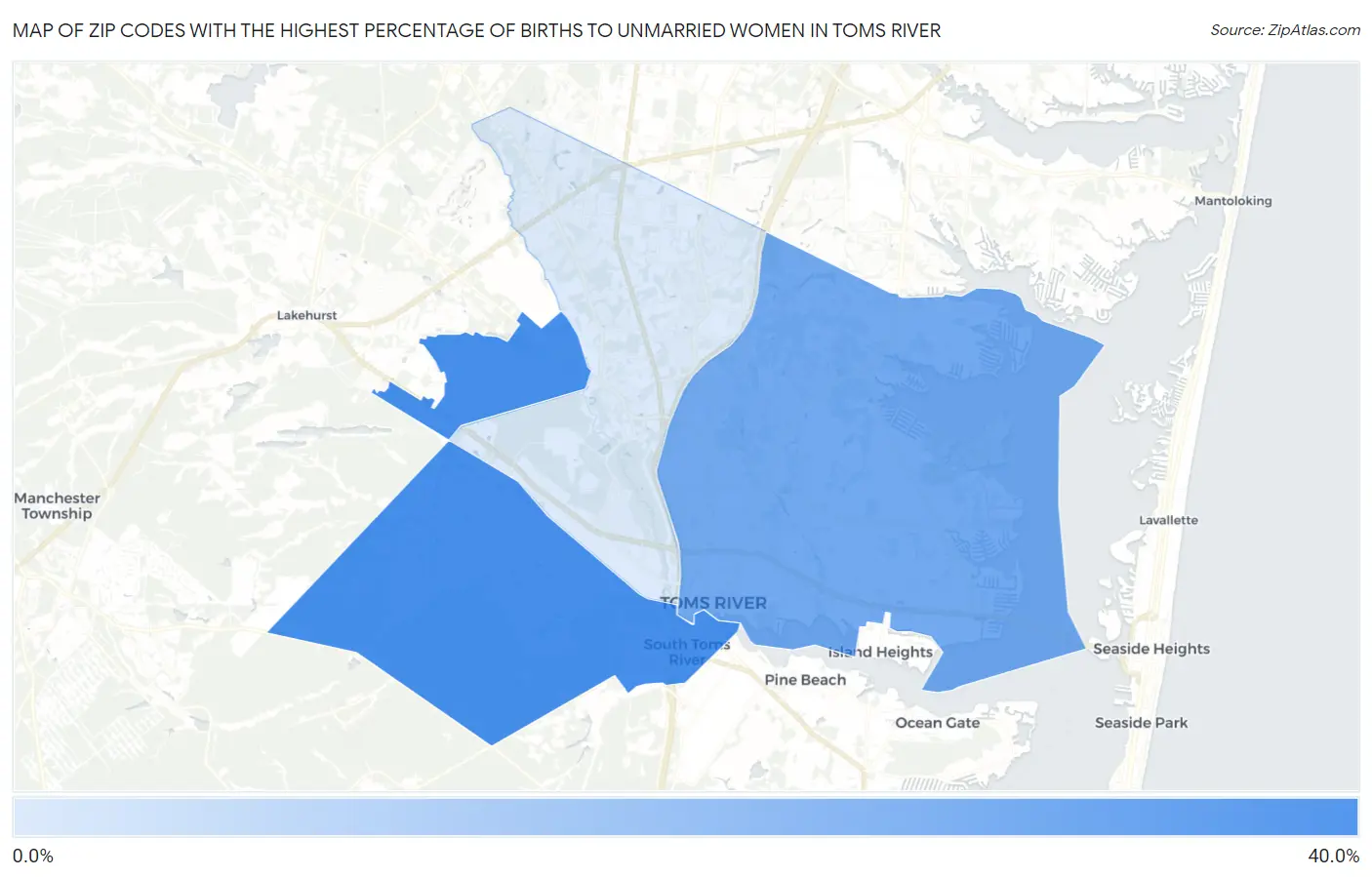 Zip Codes with the Highest Percentage of Births to Unmarried Women in Toms River Map