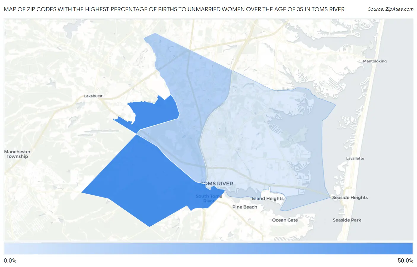 Zip Codes with the Highest Percentage of Births to Unmarried Women over the Age of 35 in Toms River Map