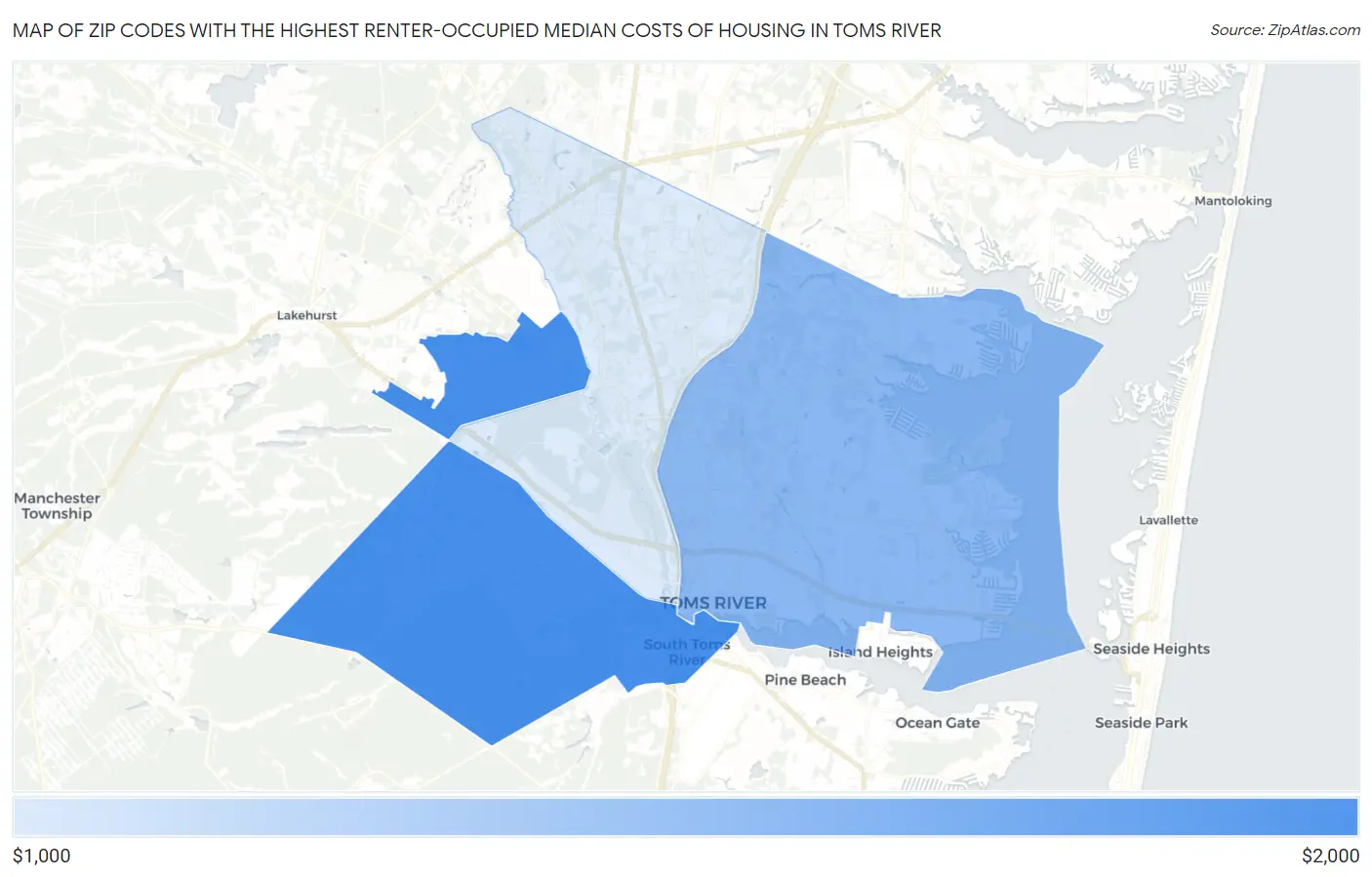 Zip Codes with the Highest Renter-Occupied Median Costs of Housing in Toms River Map