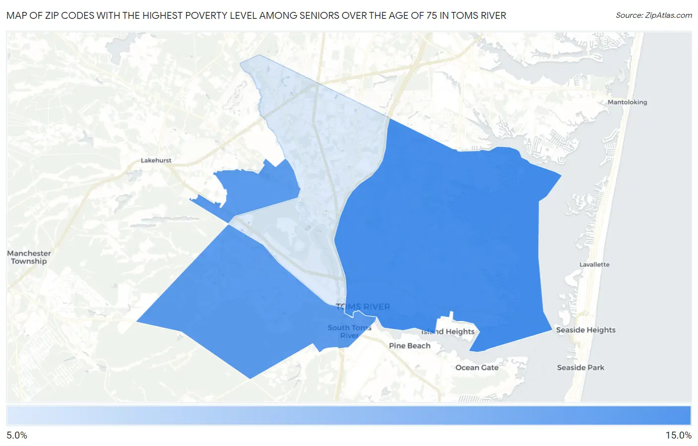 Zip Codes with the Highest Poverty Level Among Seniors Over the Age of 75 in Toms River Map