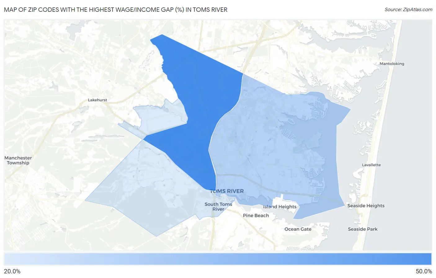 Zip Codes with the Highest Wage/Income Gap (%) in Toms River Map