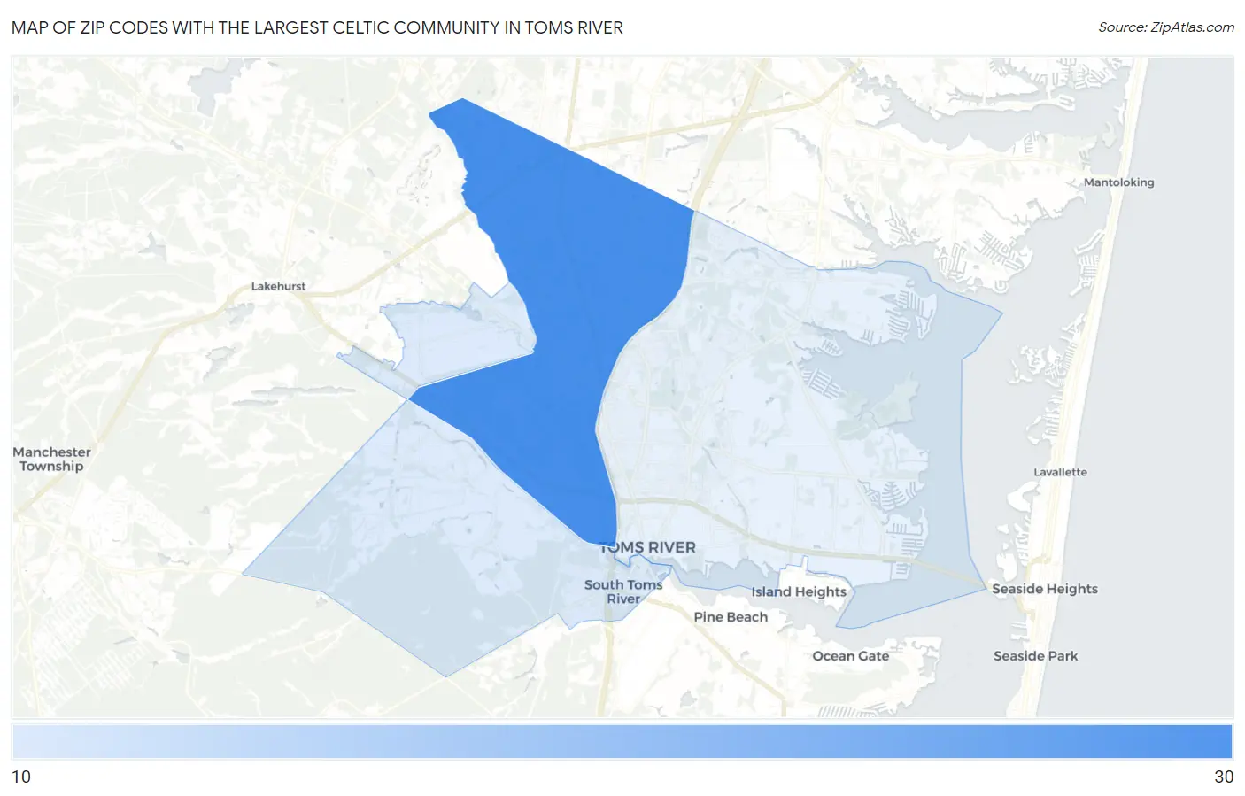 Zip Codes with the Largest Celtic Community in Toms River Map