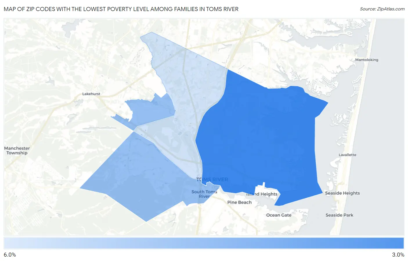 Zip Codes with the Lowest Poverty Level Among Families in Toms River Map