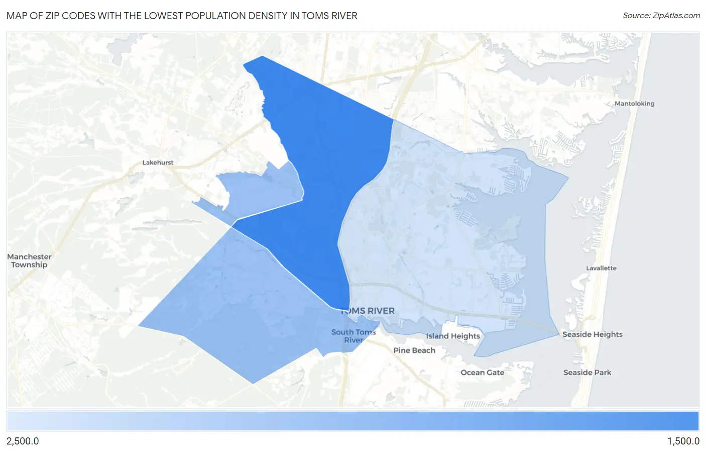 Zip Codes with the Lowest Population Density in Toms River Map