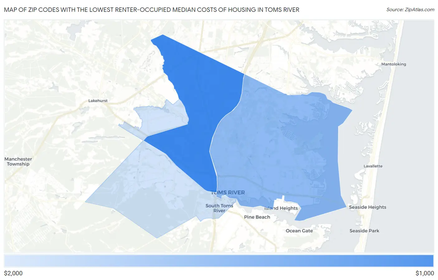 Zip Codes with the Lowest Renter-Occupied Median Costs of Housing in Toms River Map
