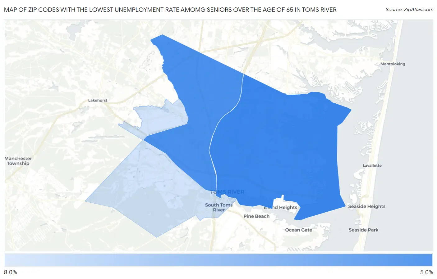 Zip Codes with the Lowest Unemployment Rate Amomg Seniors Over the Age of 65 in Toms River Map
