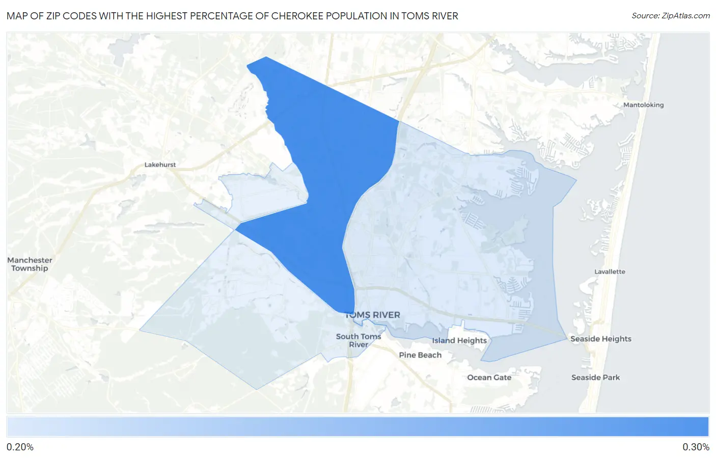 Zip Codes with the Highest Percentage of Cherokee Population in Toms River Map