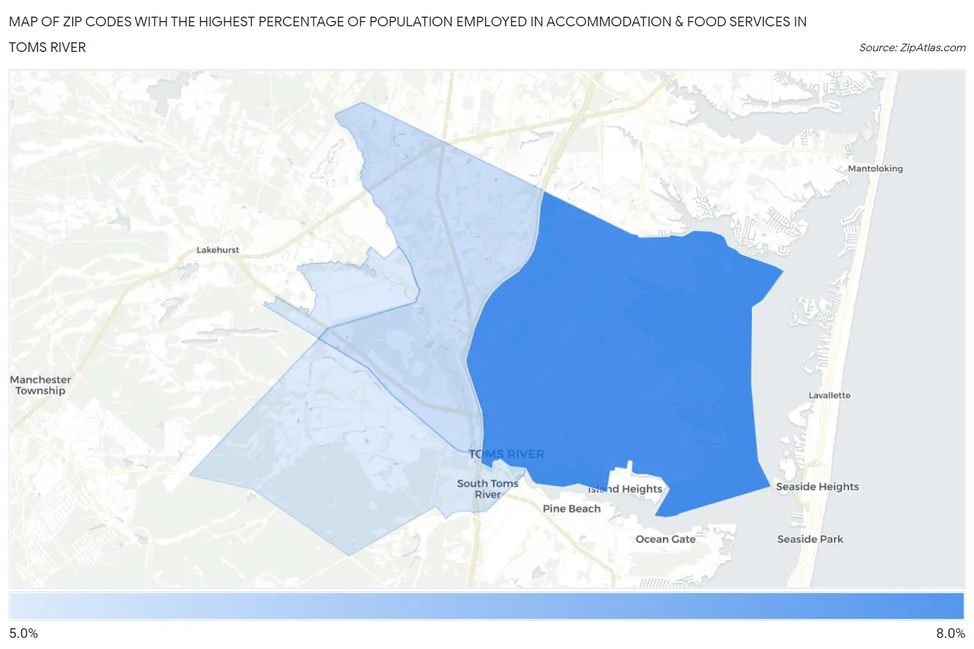Zip Codes with the Highest Percentage of Population Employed in Accommodation & Food Services in Toms River Map