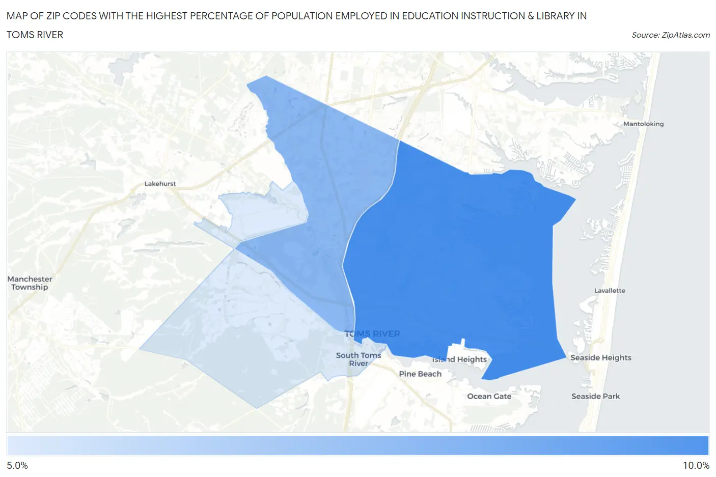 Zip Codes with the Highest Percentage of Population Employed in Education Instruction & Library in Toms River Map