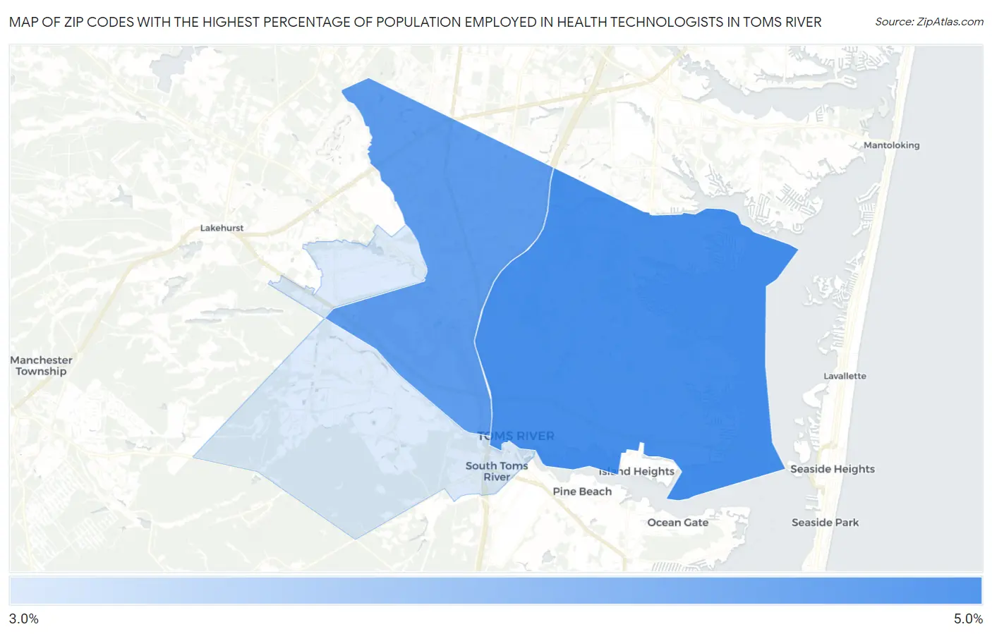 Zip Codes with the Highest Percentage of Population Employed in Health Technologists in Toms River Map