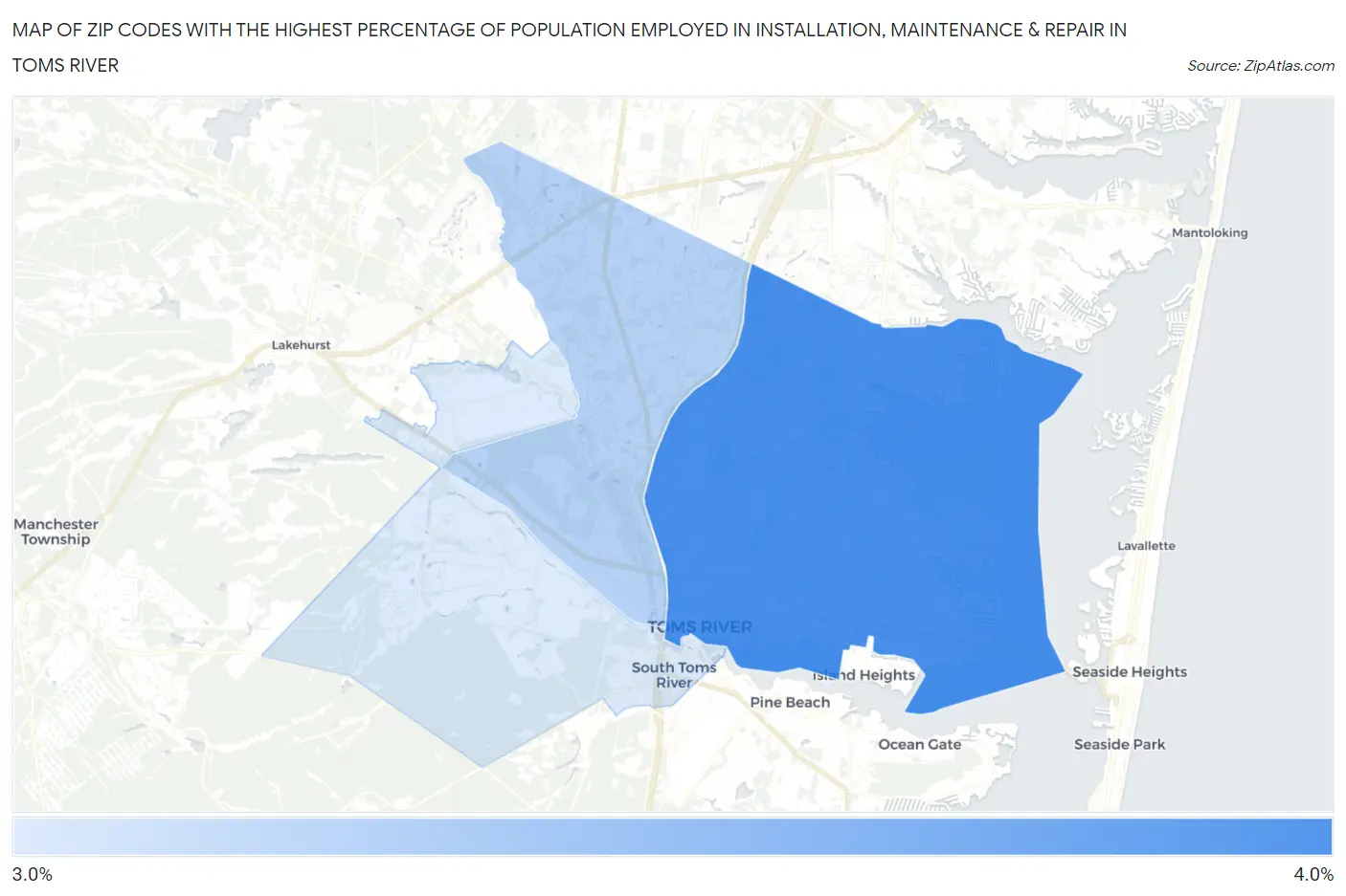 Zip Codes with the Highest Percentage of Population Employed in Installation, Maintenance & Repair in Toms River Map