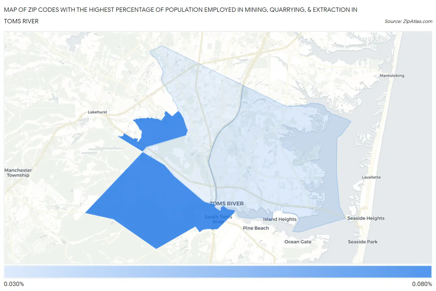 Zip Codes with the Highest Percentage of Population Employed in Mining, Quarrying, & Extraction in Toms River Map