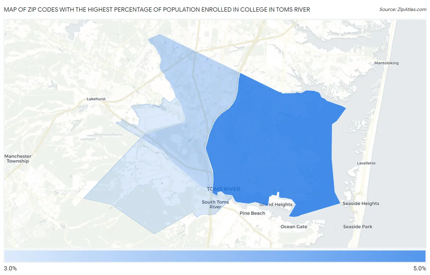 Zip Codes with the Highest Percentage of Population Enrolled in College in Toms River Map