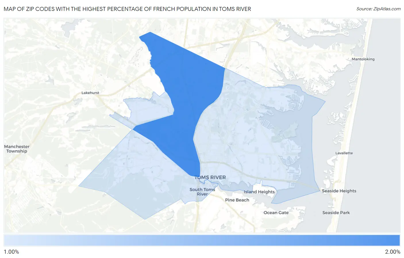 Zip Codes with the Highest Percentage of French Population in Toms River Map