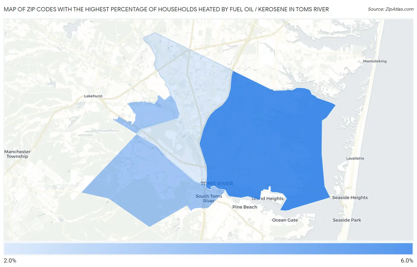 Zip Codes with the Highest Percentage of Households Heated by Fuel Oil / Kerosene in Toms River Map