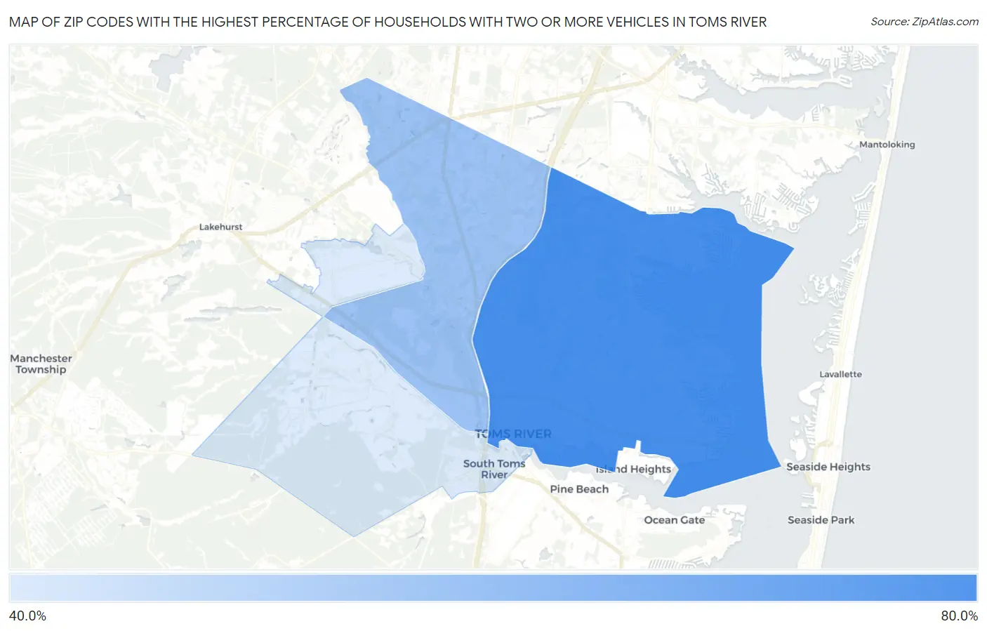 Zip Codes with the Highest Percentage of Households With Two or more Vehicles in Toms River Map