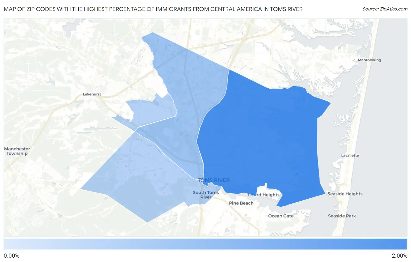 Zip Codes with the Highest Percentage of Immigrants from Central America in Toms River Map