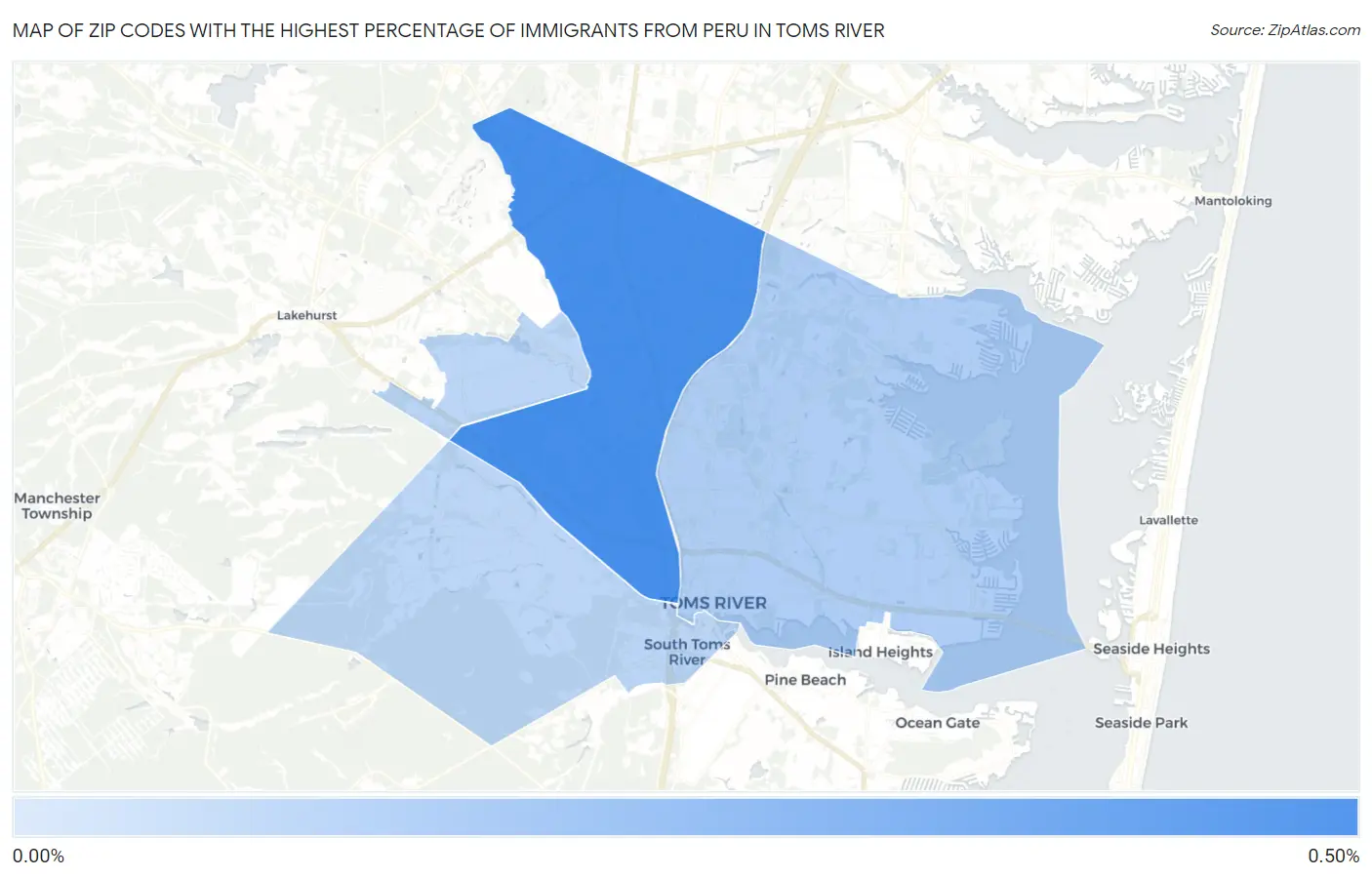 Zip Codes with the Highest Percentage of Immigrants from Peru in Toms River Map
