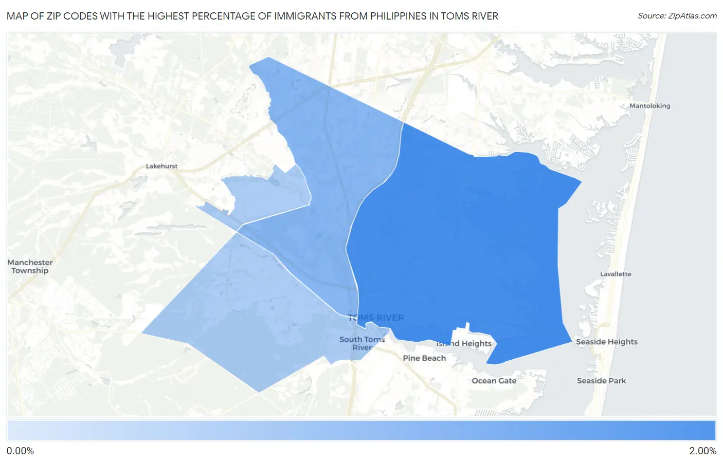 Zip Codes with the Highest Percentage of Immigrants from Philippines in Toms River Map