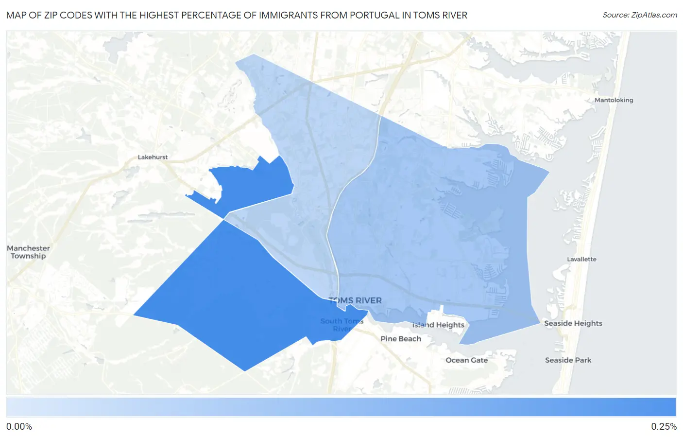 Zip Codes with the Highest Percentage of Immigrants from Portugal in Toms River Map