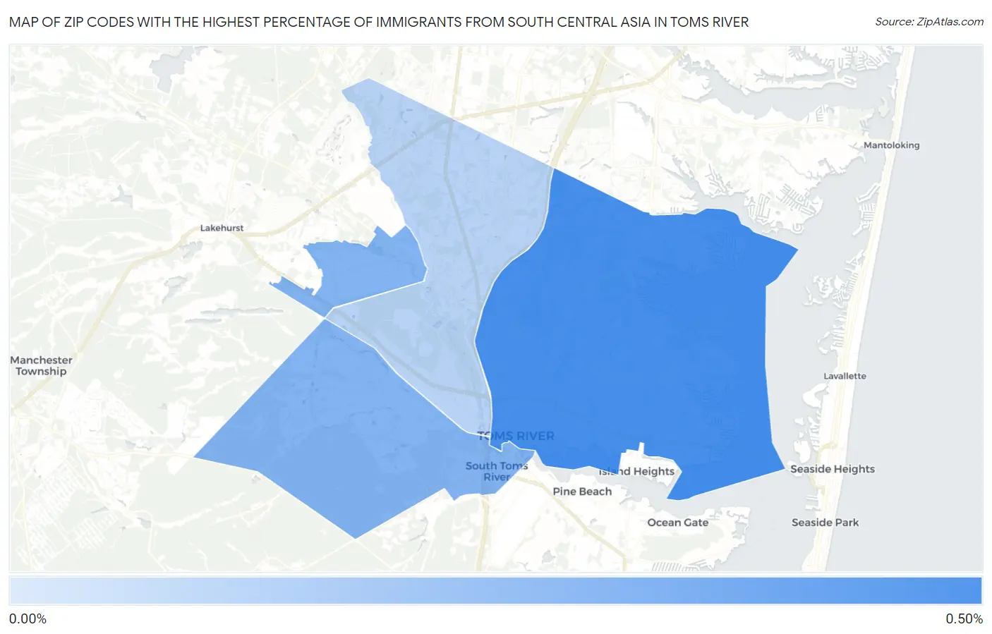 Zip Codes with the Highest Percentage of Immigrants from South Central Asia in Toms River Map