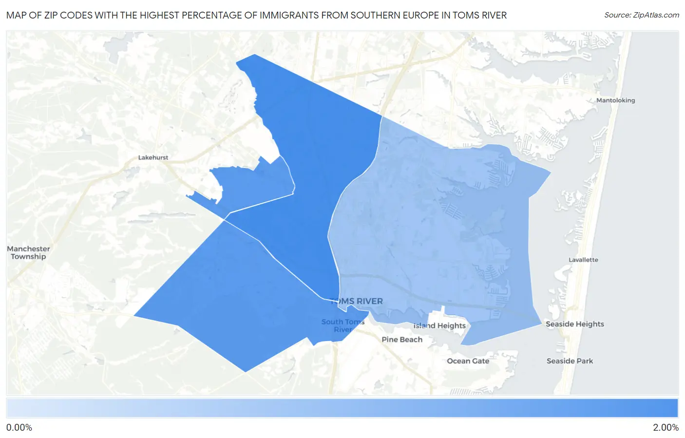 Zip Codes with the Highest Percentage of Immigrants from Southern Europe in Toms River Map