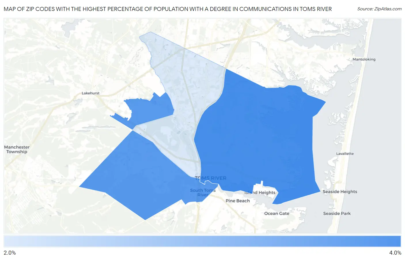 Zip Codes with the Highest Percentage of Population with a Degree in Communications in Toms River Map