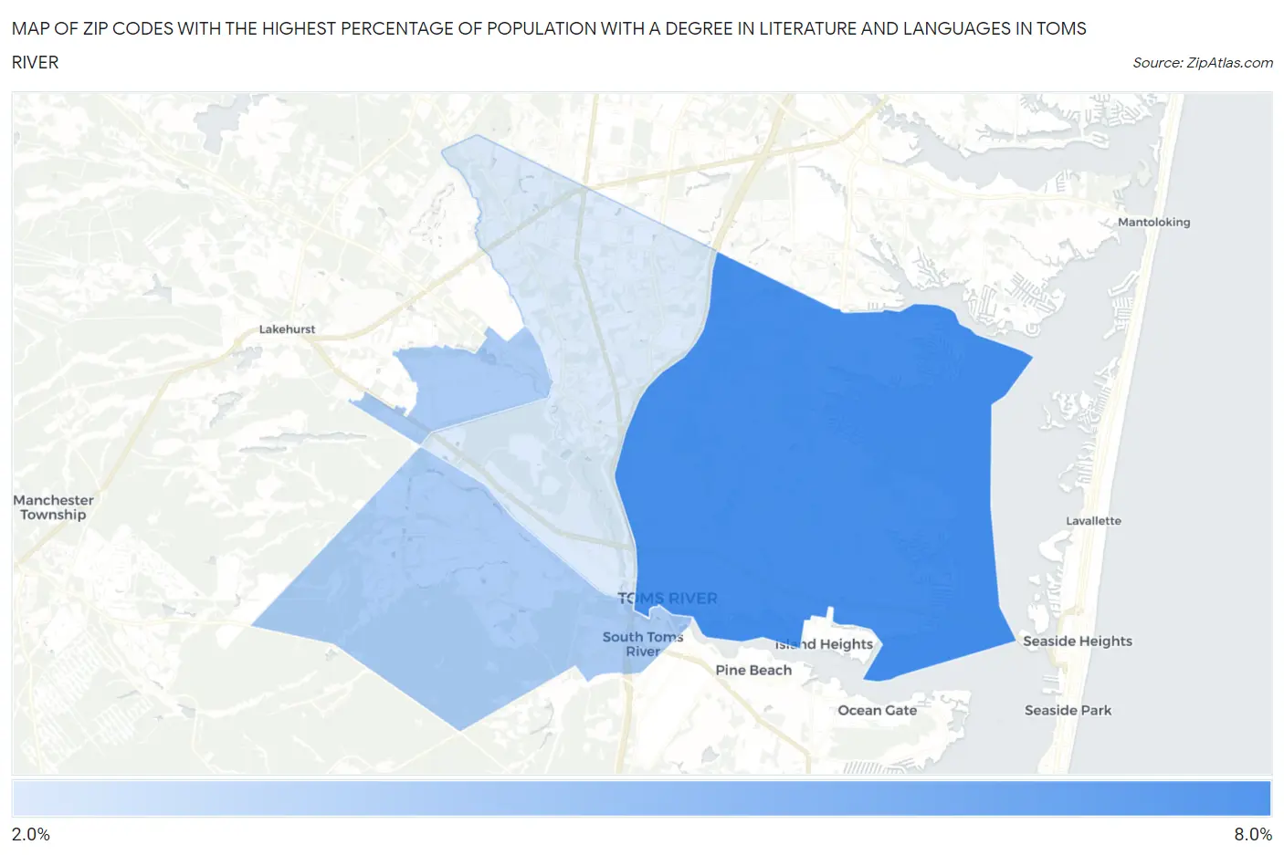 Zip Codes with the Highest Percentage of Population with a Degree in Literature and Languages in Toms River Map