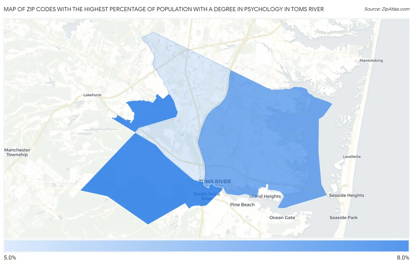 Zip Codes with the Highest Percentage of Population with a Degree in Psychology in Toms River Map
