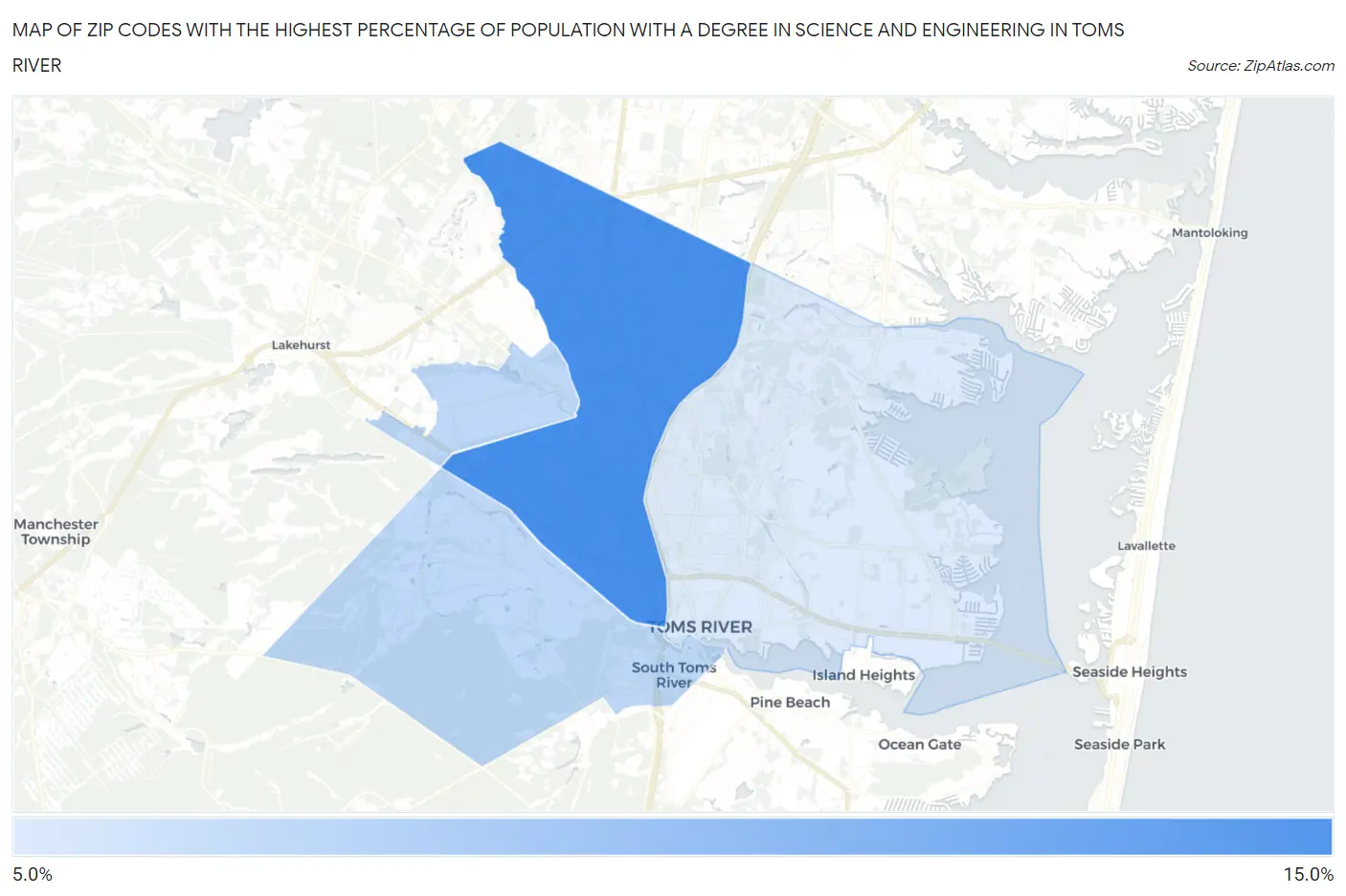 Zip Codes with the Highest Percentage of Population with a Degree in Science and Engineering in Toms River Map