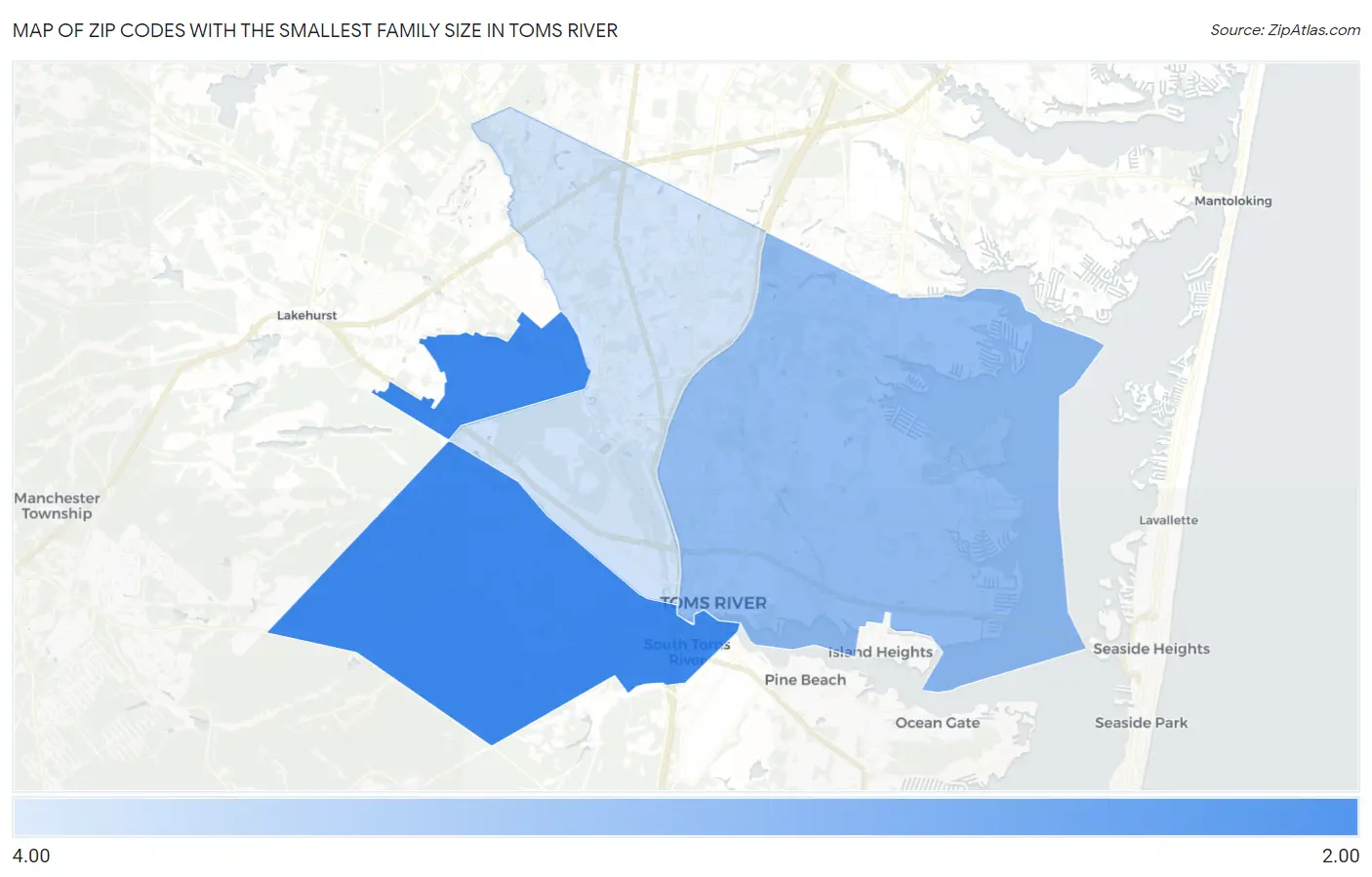 Zip Codes with the Smallest Family Size in Toms River Map